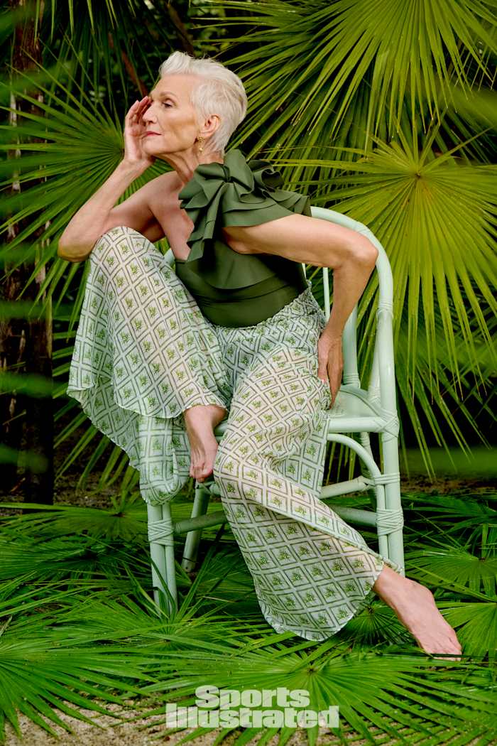 Maye Musk was photographed by Yu Tsai in Belize. Swimsuit by Maygel Coronel. Pants by Caroline Constas. Earrings by Cleopatra's Bling.